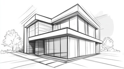 Poster - line art illustration depicting a house building architecture concept with a 3d sketch design