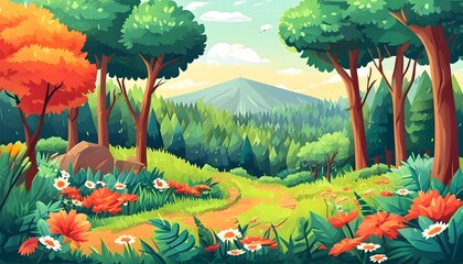 Wall Mural - Isometric Illustration of a Vibrant Spring Forest Perfect for Outdoor Travel Adventures