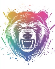 Wall Mural - Line art illustration featuring a rainbow gradient drawing of an angry bear cartoon for a gift