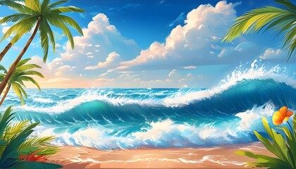 Wall Mural - Vibrant illustration capturing the essence of summer beach waves and carefree seaside vacation vibes