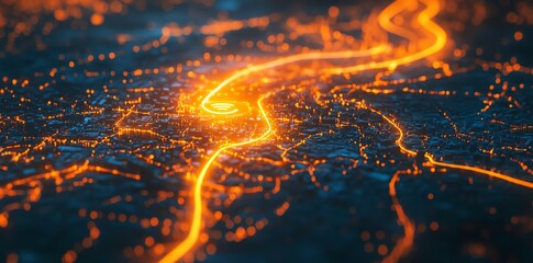 Poster - Abstract glowing lines on a dark background depicting a city and a wifi symbol.