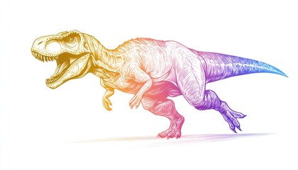 Poster - Line art illustration featuring a rainbow gradient of a cartoon T Rex in a roaring pose