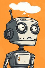 Poster - Cartoon robot head illustration featuring a thought bubble in a line art style