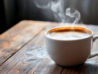 A steaming cup of coffee sitting on a wooden table, with wisps of steam rising into the cool morning air