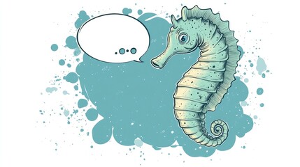 Poster - Line art illustration of a cartoon seahorse featuring a thought bubble