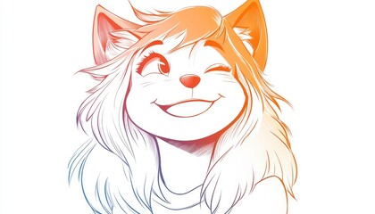 Poster - Line art illustration featuring a warm gradient drawing of a cheerful cartoon wolf girl