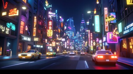 Poster - 3D cartoon city at night, with neon signs, glowing streetlights, and animated vehicles cruising through the lively streets of a futuristic metropolis