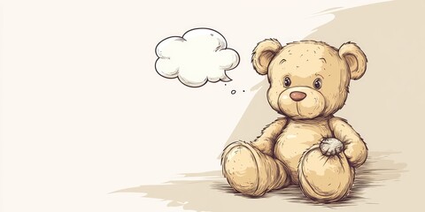 Wall Mural - Line art illustration of a cartoon teddy bear with a damaged arm accompanied by a thought bubble