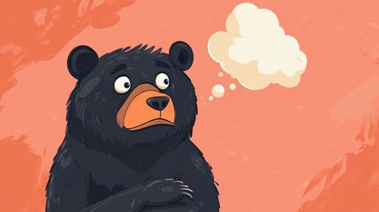 Poster - Cartoon illustration of a scared black bear featuring a thought bubble