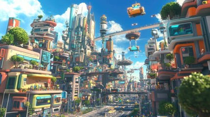 Poster - 3D cartoon cityscape with futuristic skyscrapers, flying cars, and vibrant streets bustling with animated characters, creating a lively urban environment