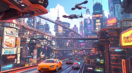 Poster - 3D cartoon cityscape with futuristic skyscrapers, flying cars, and vibrant streets bustling with animated characters, creating a lively urban environment