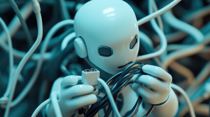 Poster - A 3D character tangled in a web of wires, holding a plug with no idea where it goes, symbolizing technological confusion.