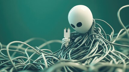 Poster - A 3D character tangled in a web of wires, holding a plug with no idea where it goes, symbolizing technological confusion.