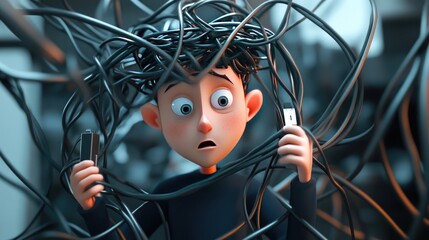 Poster - A 3D character tangled in a web of wires, holding a plug with no idea where it goes, symbolizing technological confusion.