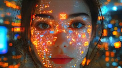 Wall Mural - Young woman with glowing icons on her face.