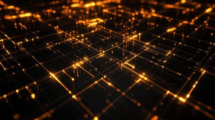 Poster - An abstract digital grid with glowing, intersecting lines on a dark background, creating a futuristic look.