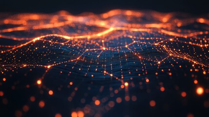 Poster - A futuristic AI network visualized as a 3D lattice of glowing nodes, floating in a dark room with abstract data symbols surrounding it.