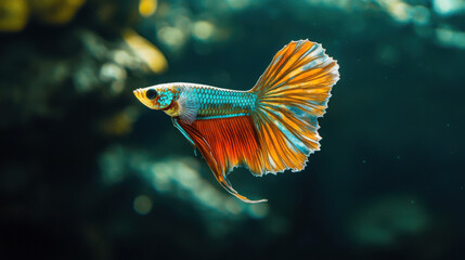 Close-up of a vibrant guppy with a unique fin pattern gliding through the water