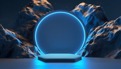 Wall Mural - Futuristic 3D E-commerce Display Stand in a Glowing Sci-Fi Space with Creative Background Elements