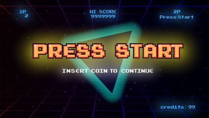 Aufkleber - PRESS START INSERT A COIN TO CONTINUE .pixel art .8 bit game.retro game. for game assets in vector illustrations.Retro Futurism Sci-Fi Background. glowing neon grid.and stars from vintage arcade comp	
