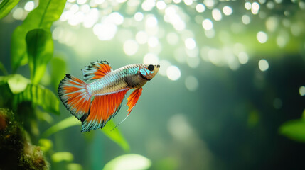 Guppy fish in a beautifully decorated aquarium with natural lighting