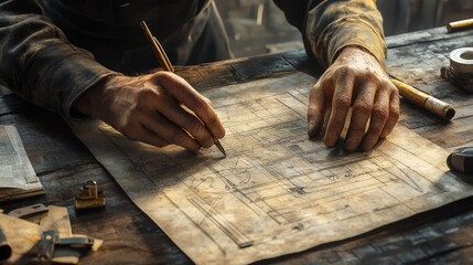 Poster - A hyper-realistic image of an engineer working on a detailed blueprint, their eyes intensely focused, with fine details of the paper and tools in view.