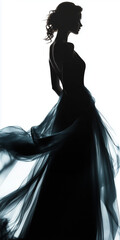 A graceful silhouette of a woman wearing a flowing evening gown with a long train