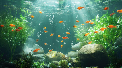 Underwater scene with guppy fish swimming among floating plants and rocks