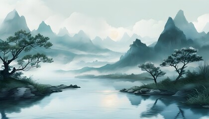 Wall Mural - Enchanting Chinese Landscape with Poetic Clouds, Misty Rivers, Majestic Mountains, Stunning Scenery, and Illustrations of Solar Terms