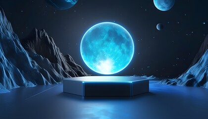 Wall Mural - Futuristic 3D E-commerce Display Stand in a Glowing Sci-Fi Space with Creative Background Elements