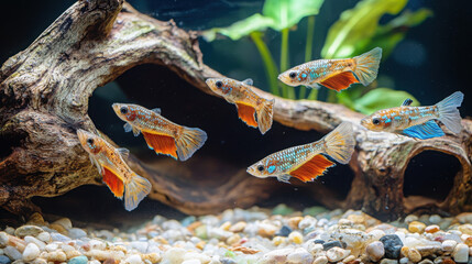 A group of guppy fish in a natural-looking aquarium with driftwood and pebbles