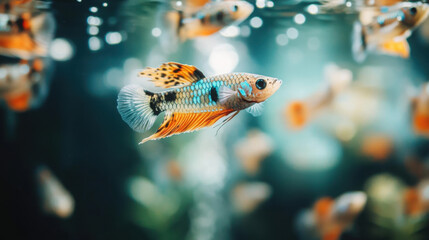 Wall Mural - Guppies in a well-lit tank showcasing their vivid colors and patterns