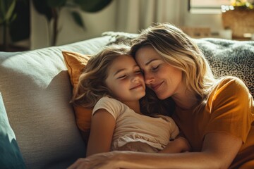 Canvas Print - High-resolution brightly lit photorealistic candid photograph of a loving mother and daughter relaxing in a cozy, sun-drenched living room. The photo is styled like a premium lifestyle magazine, with