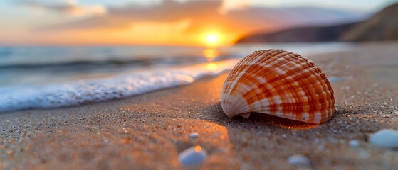 Seashell on sand with sunset in the background