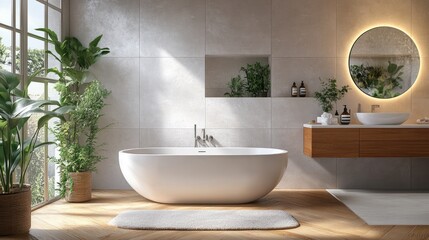 Poster - Elegant bathroom with AI-generated tile patterns, smart mirrors, and a relaxing, high-tech environment