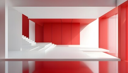 Wall Mural - Red Minimalist Three-Dimensional Architectural Interior with Abstract Elements