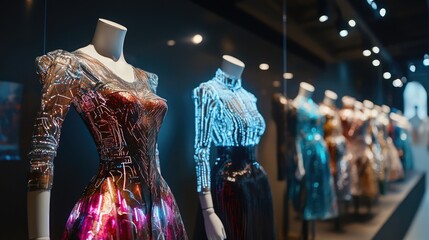 Poster - Fashion designers collaborating with AI systems to create next-generation clothing, with smart fabrics and tech-enhanced designs displayed on virtual mannequins