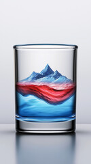 Poster - A glass with blue and red liquid, with a mountain range appearing to rise from within.