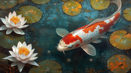 Wall Mural - Elegant koi fish beneath the surface of a koi pond surrounded by floating water lilies --ar 16:9