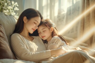 Wall Mural - High-resolution brightly lit photorealistic candid photograph of a mother and daughter relaxing together in a sunlit living room. The photo has a light and bright atmosphere, styled like a premium