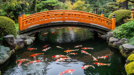 Wall Mural - Koi fish swimming near a traditional Japanese bridge in a picturesque garden setting