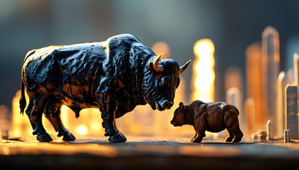 Wall Mural - Dynamic clash of bull and bear symbols in financial markets, representing economic concepts and stock market fluctuations