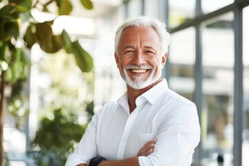 High-resolution brightly lit photorealistic candid photograph of a happy senior businessman styled like a high-end lifestyle magazine. The bright, uplifting setting reflects his joyful demeanor.