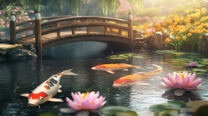 Koi fish gracefully gliding through a pond with a wooden bridge and blooming water lilies in the background