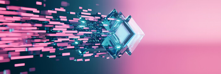 Canvas Print - Abstract 3D rendering of a blue and pink crystal cube.