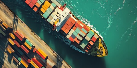 Poster - Aerial view of a cargo ship with colorful containers sailing on turquoise water.