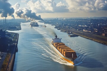 Poster - Aerial view of a large cargo ship sailing down a channel with smoke from industrial buildings in the background.