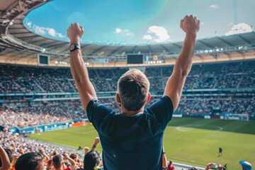 Soccer fans celebrate championship win at a packed stadium. A man in navy blue raises his arms high as the crowd cheers around him, amidst the excitement and anticipation of the sports event.