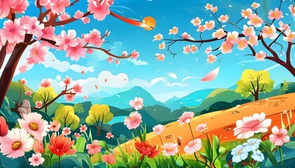 Wall Mural - Charming Cartoon Illustration of Springs Arrival with Lush Outdoor Scenery and Vibrant Colors