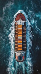 Poster - Aerial View of Cargo Ship with Containers Sailing through the Ocean.